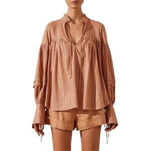Shona Joy Balloon Sleeve Tiered Blouse Top Metallic Shimmer - Size 4
